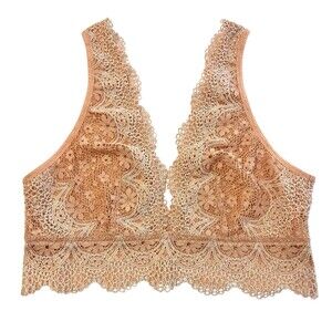 VICTORIA'S SECRET Angel Peach/Cream Long Line Plunge V-Neck Bralette Lace Large